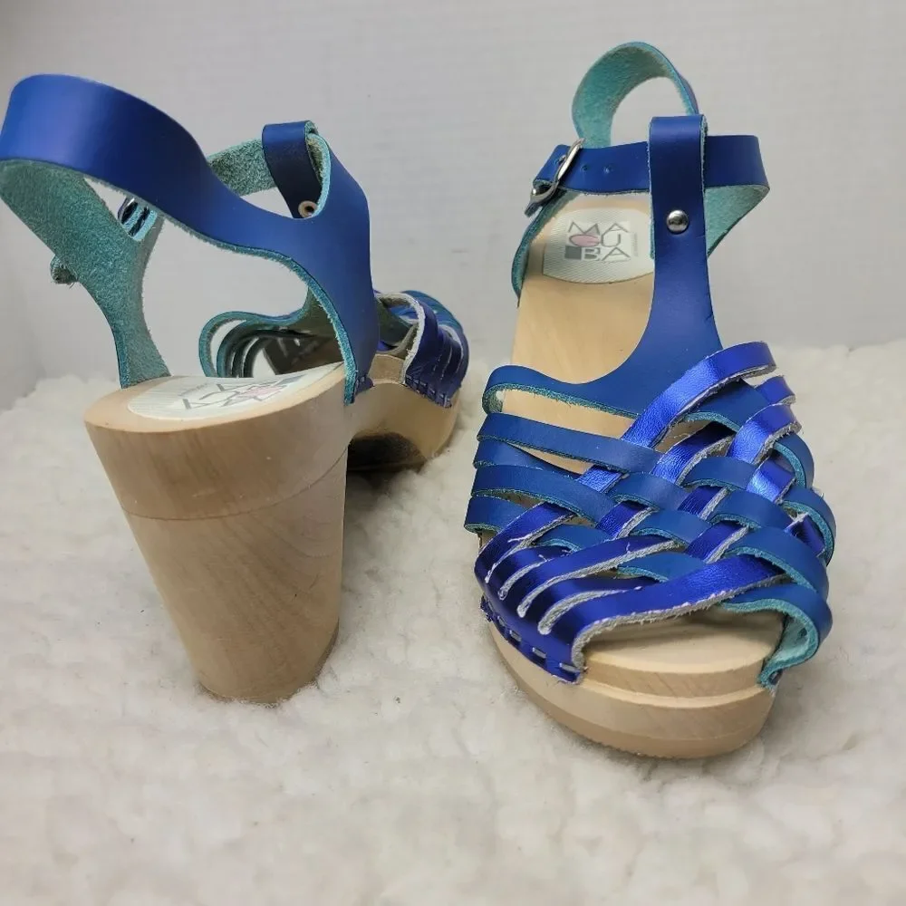 Maguba of Sweden Women's Wooden Heel  Shoes Size 11.5 Blue Strappy Leather
